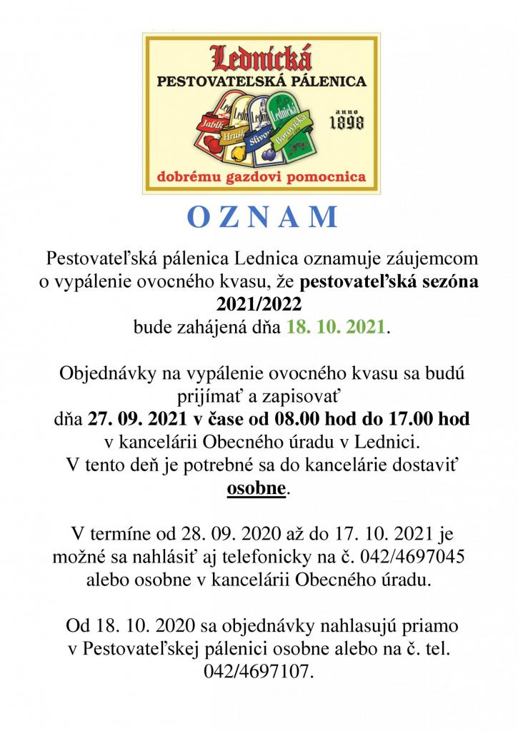 Oznam o začiatku pestovateľskej sezóny 2021/2022